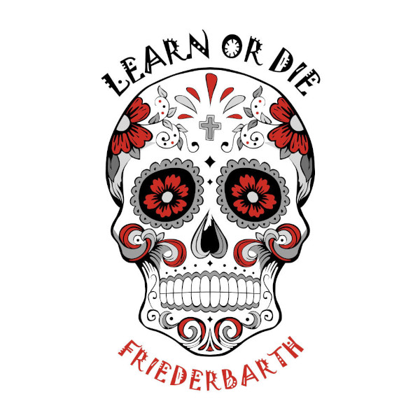 das logo von der podcast-reihe learn or die von friederbarth ist eine vektorgrafik von einem totenschaedel in den farben schwarz, rot, weiß, grau
