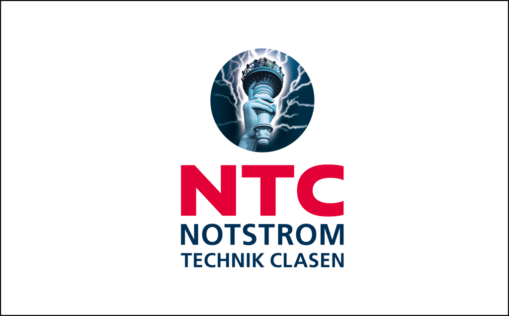 Logo ‚NTC NOTSTROM TECHNIK CLASEN‘ mit grafischem Symbol einer Hand mit Fackel und Blitzen – visuelle Darstellung aus der Case Studies Übersicht von Frieder Barth