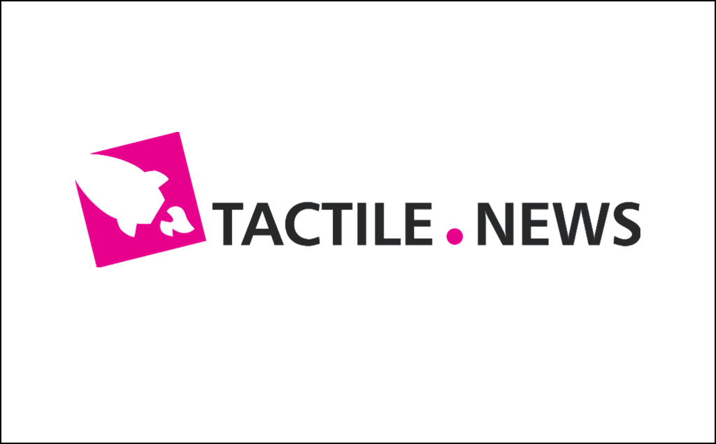 Logo ‚TACTILE . NEWS‘ mit pinkem Quadrat und weißem Raketensymbol – visuelle Darstellung aus der Case Studies Übersicht von Frieder Barth