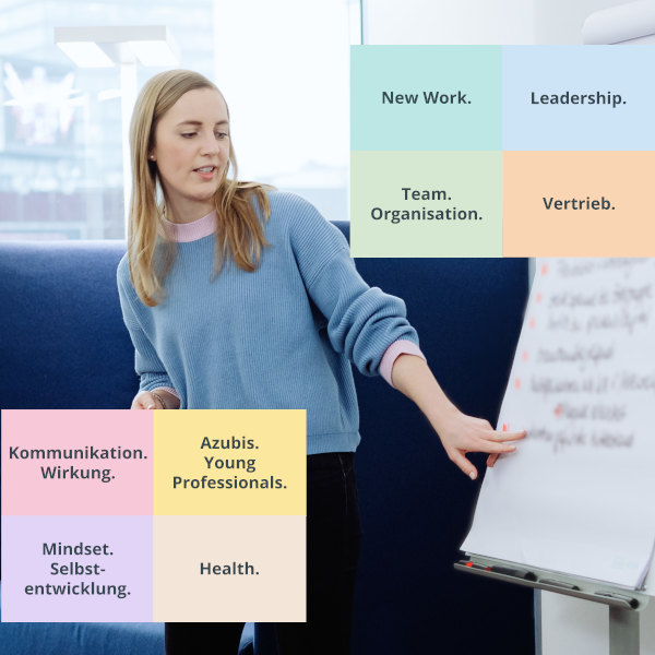 Titelbild zur Themenwelt mit Fokus auf Leadership, Kommunikation, Vertrieb und Gesundheit – Business-Training mit Flipchart und Impulsen