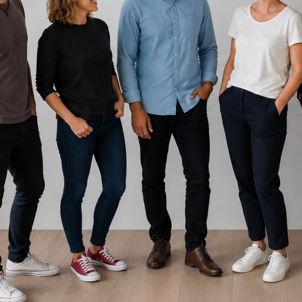 Ausschnitt einer Gruppe von Personen in moderner Business-Casual-Kleidung steht nebeneinander und steht für Teamarbeit und professionelle Zusammenarbeit.