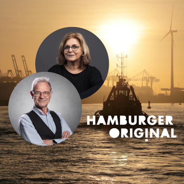 Workshop Positive Leadership für harte Zeiten in Hamburg mit zwei Coaches der Denkmanufaktur vor Hamburger Hafenkulisse und Sonnenuntergang.